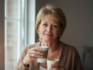 Donna over 40 con due bicchieri in mano